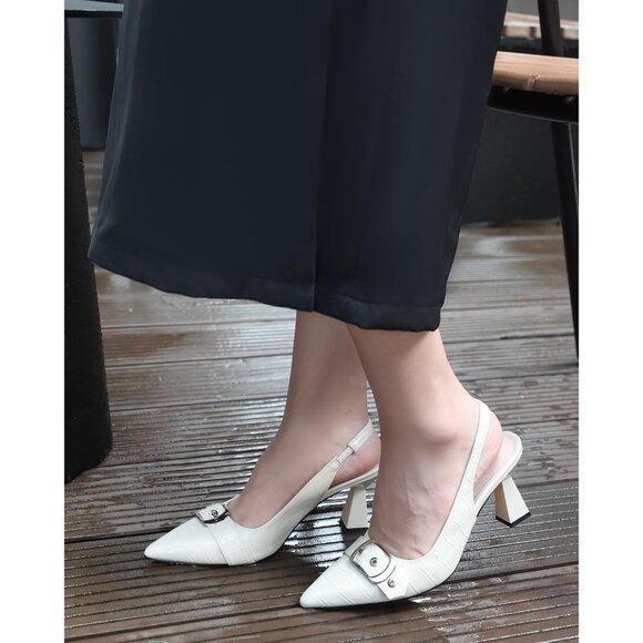 White Women Slingback Kitten Heels Pointed Toe Pumps Shoes with Buckle Strap - Picture 6 of 13